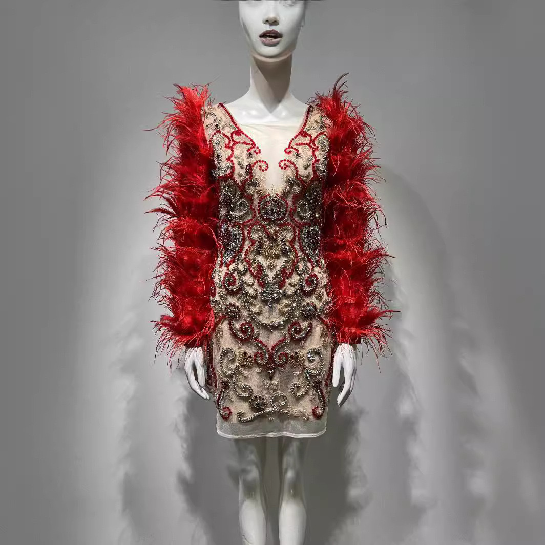 Women Red Feather Long Sleeve Mesh Rhinestone Dress - Image 6