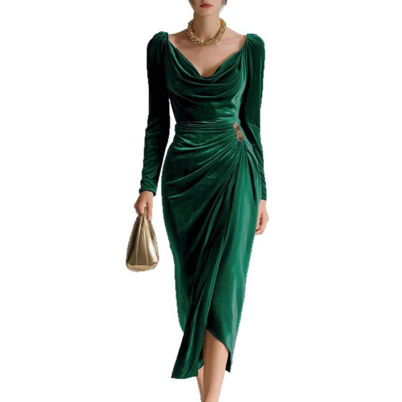 Long Sleeve Pleated Long Slit Velvet Sheath Dress - Image 3