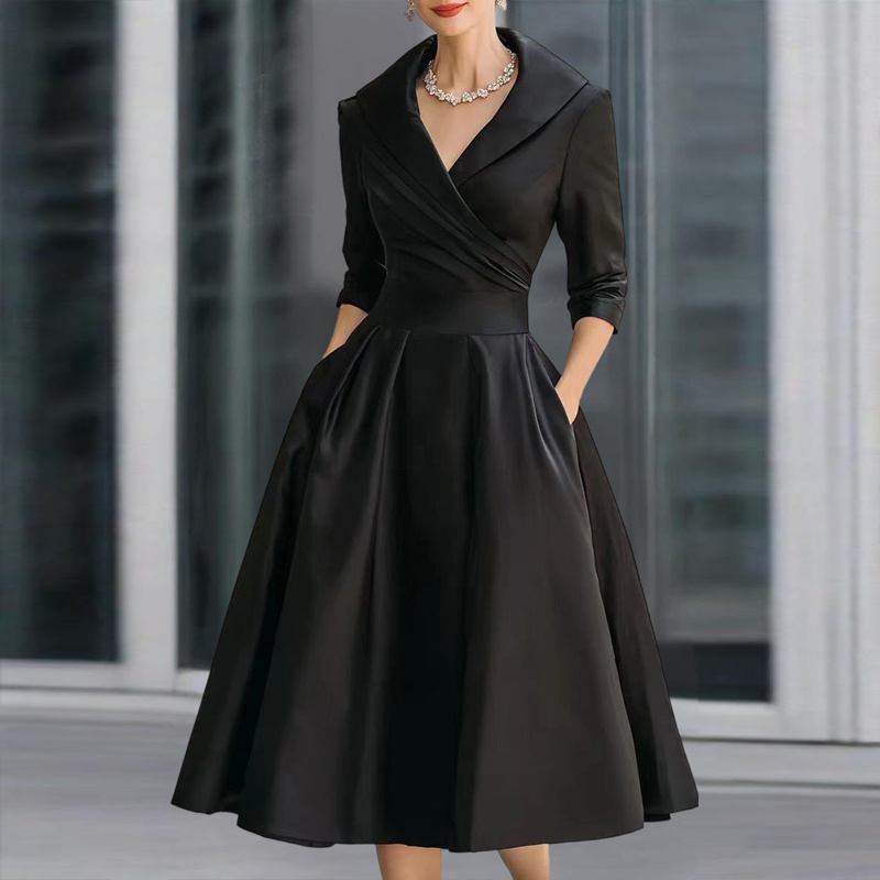 Women's Elegant Solid Cross V-Neck Midi Dress With Flared Skirt And Pockets Spring Summer Formal Dress - Image 5