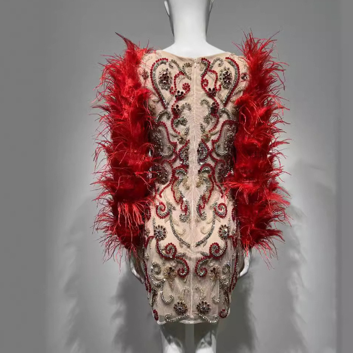 Women Red Feather Long Sleeve Mesh Rhinestone Dress - Image 7
