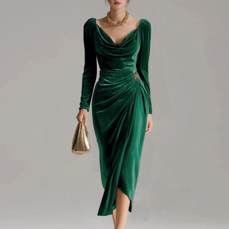 Long Sleeve Pleated Long Slit Velvet Sheath Dress - Image 4