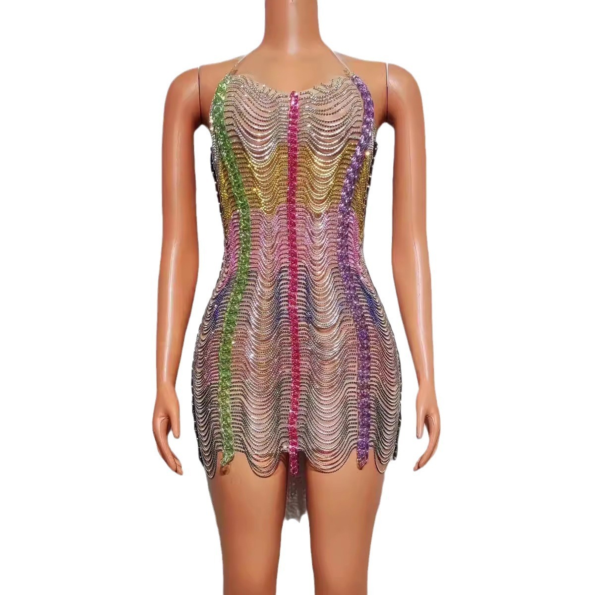 Colorful Drill Chain Dress Performance Costume Party Evening Dress - Image 3