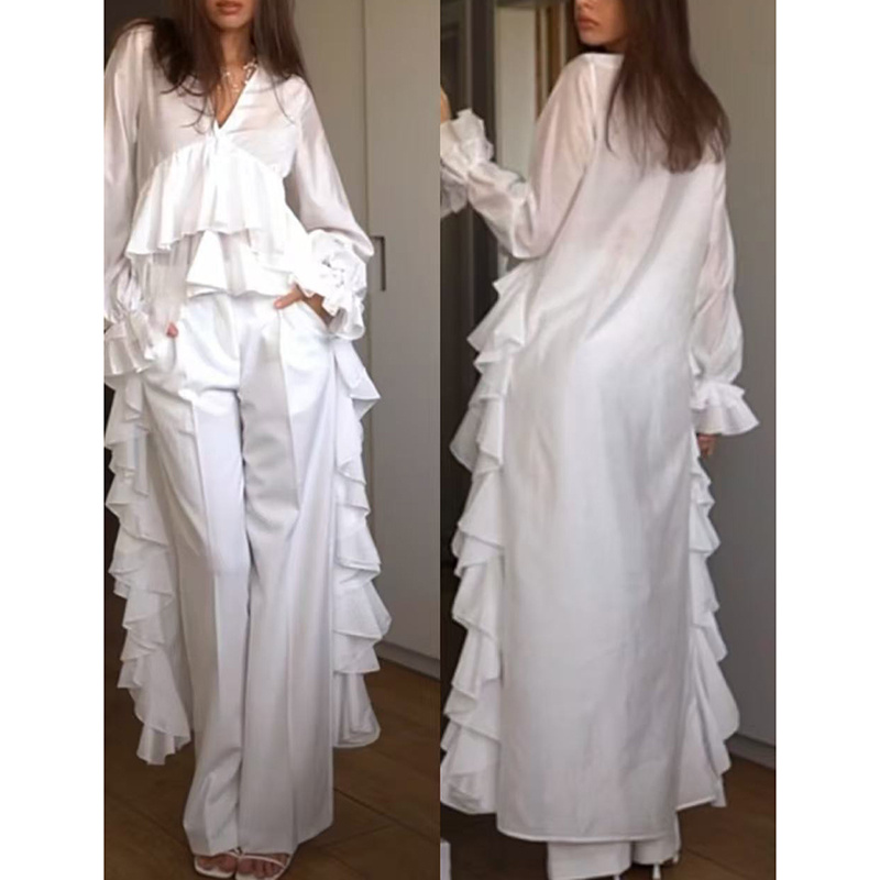 Women's Solid Long Sleeve Blouse, V Neck High Low Shirt With Irregular Ruffles, Asymmetrical Hem Office Party Tops - Image 7