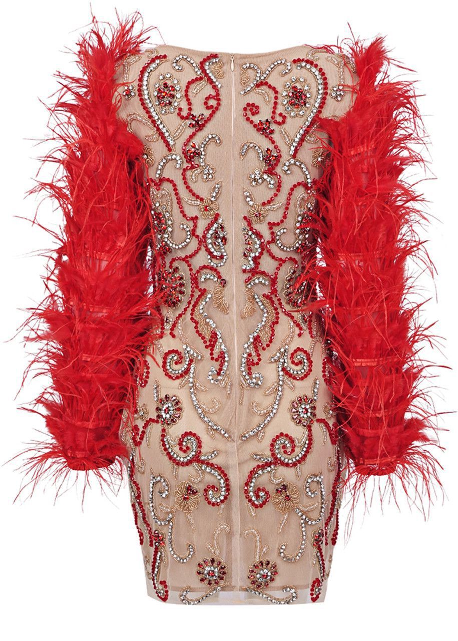 Women Red Feather Long Sleeve Mesh Rhinestone Dress - Image 10