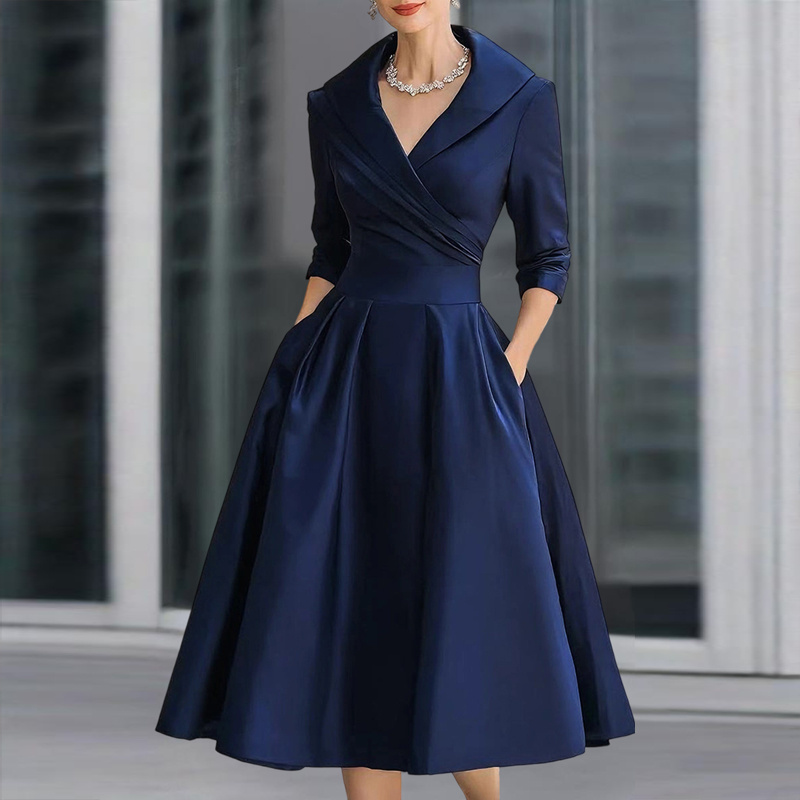 Women's Elegant Solid Cross V-Neck Midi Dress With Flared Skirt And Pockets Spring Summer Formal Dress - Image 6