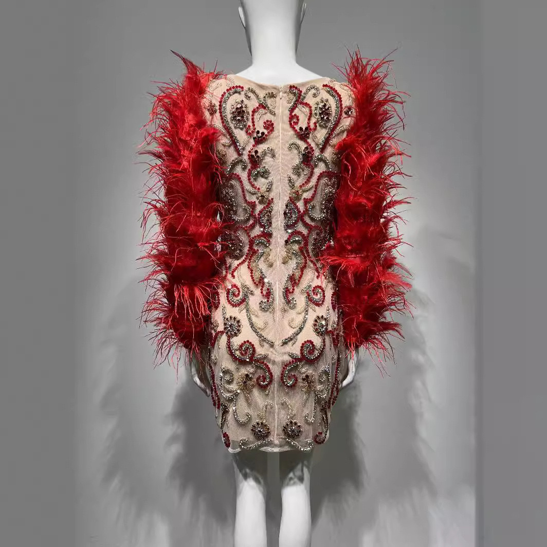 Women Red Feather Long Sleeve Mesh Rhinestone Dress - Image 2