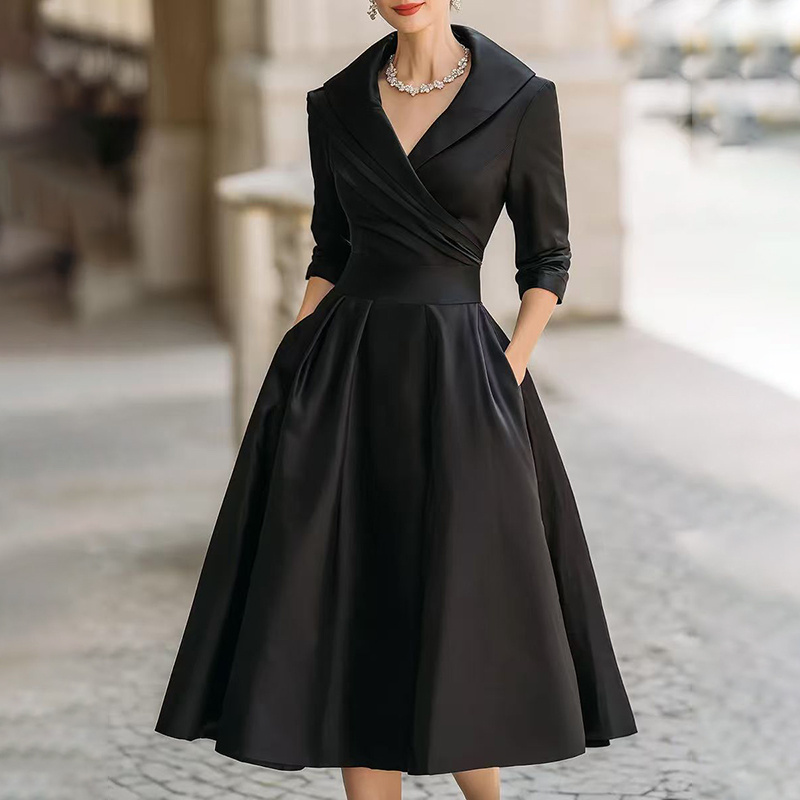 Women's Elegant Solid Cross V-Neck Midi Dress With Flared Skirt And Pockets Spring Summer Formal Dress - Image 10