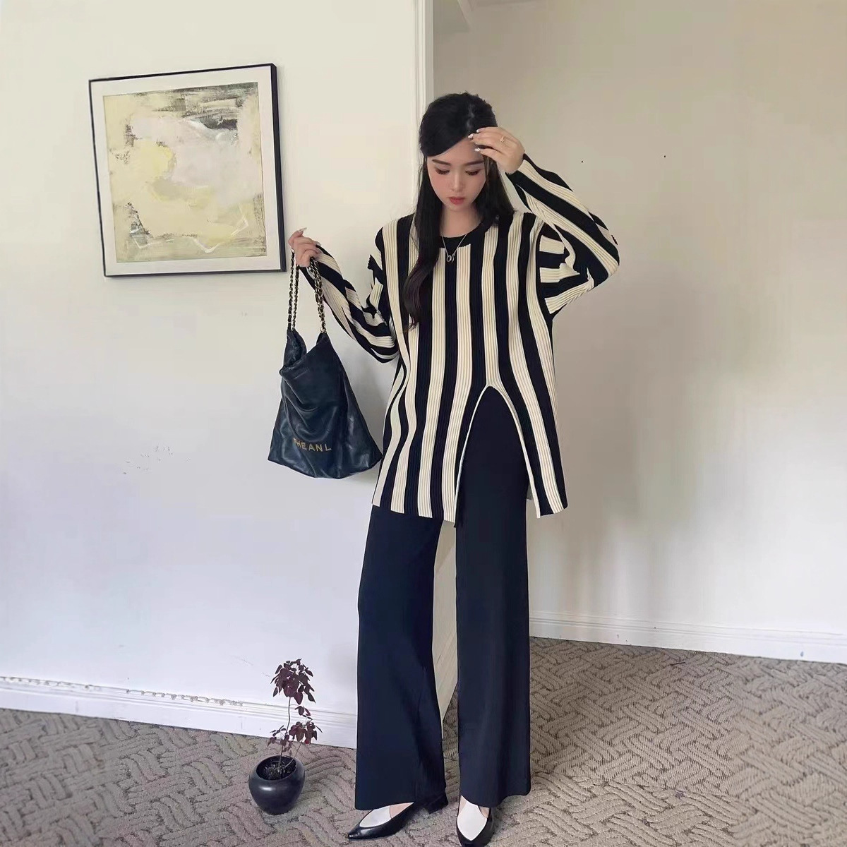 Vertical Stripes Crew Neck Split Knitwear Top High Waist Wide Leg Trousers Fashion Two-piece Suit