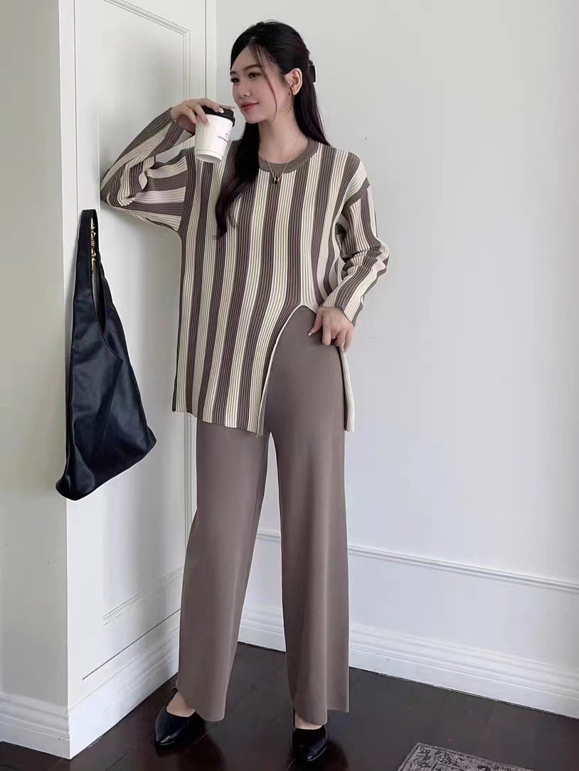 Vertical Stripes Crew Neck Split Knitwear Top High Waist Wide Leg Trousers Fashion Two-piece Suit - Image 3