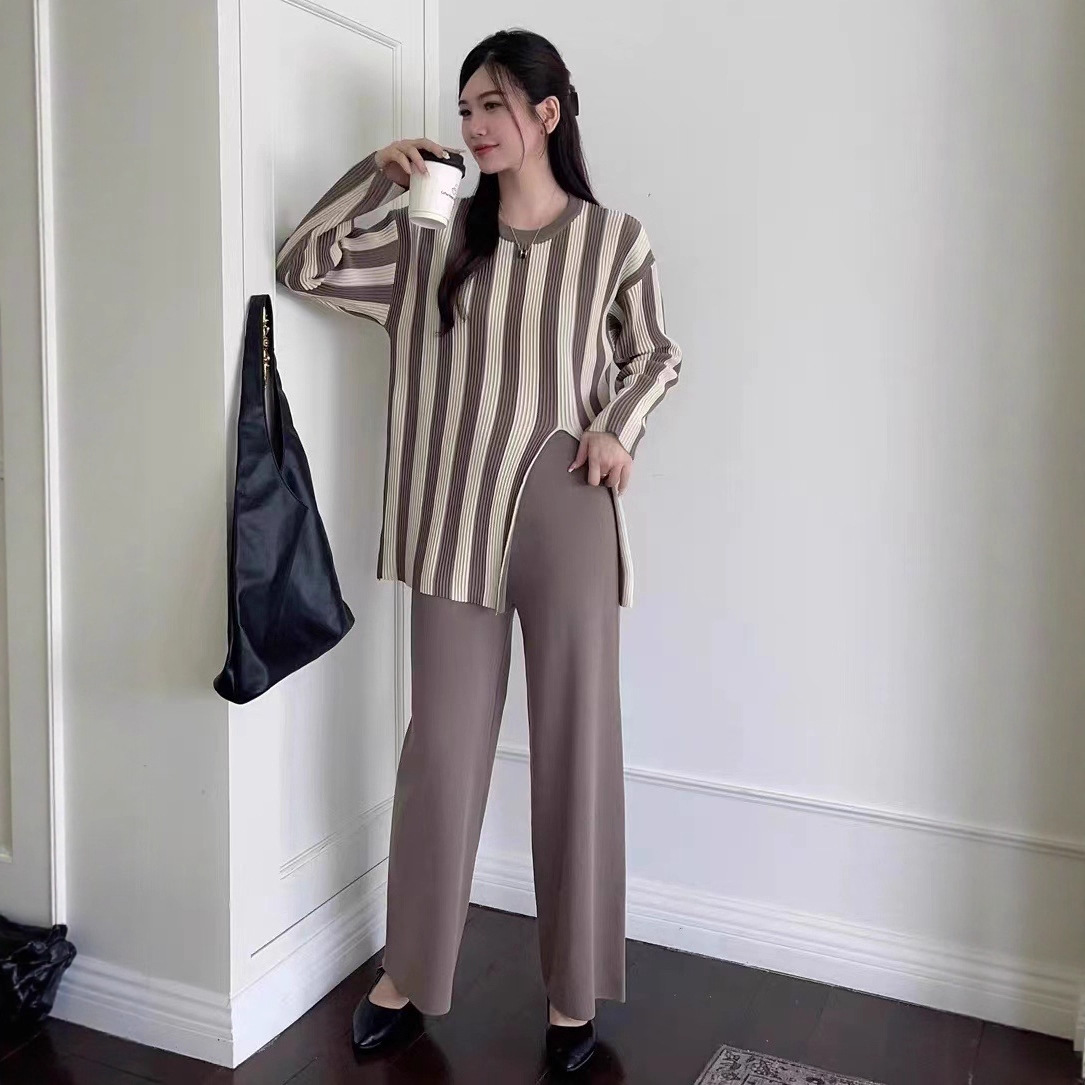 Vertical Stripes Crew Neck Split Knitwear Top High Waist Wide Leg Trousers Fashion Two-piece Suit - Image 8