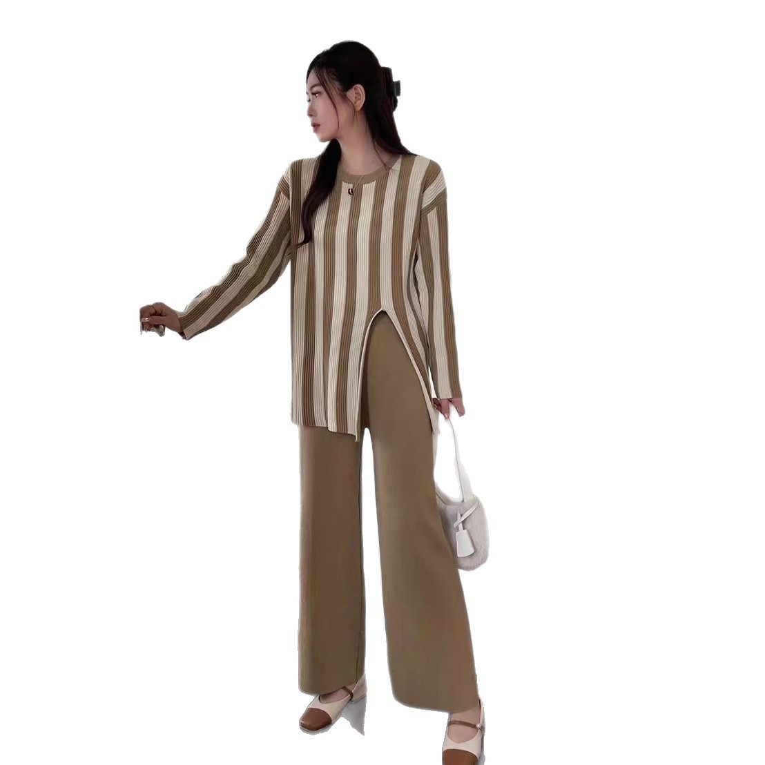 Vertical Stripes Crew Neck Split Knitwear Top High Waist Wide Leg Trousers Fashion Two-piece Suit - Image 7