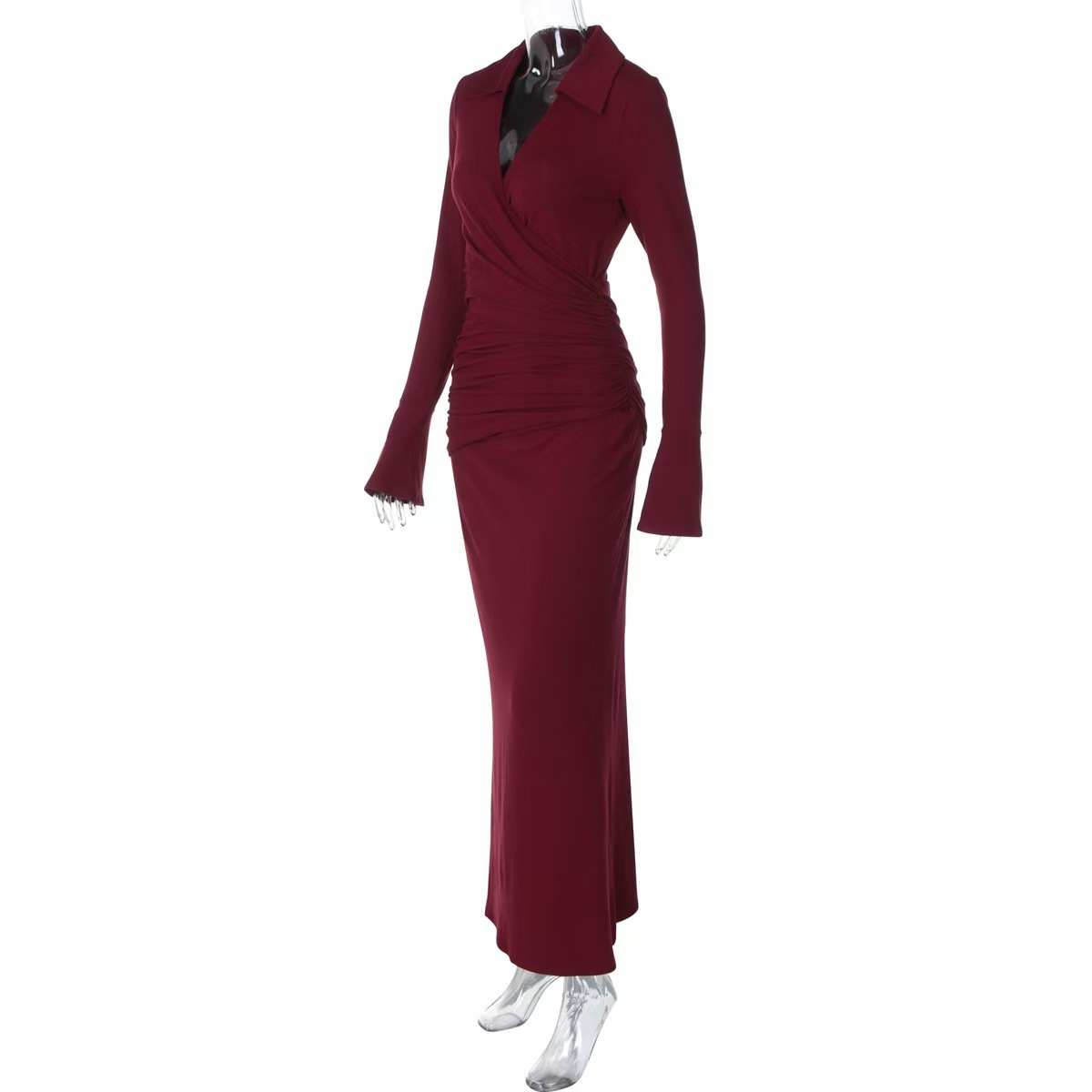 Womens Elegant Waist-cinching V-neck Long-sleeve Dress - Image 4