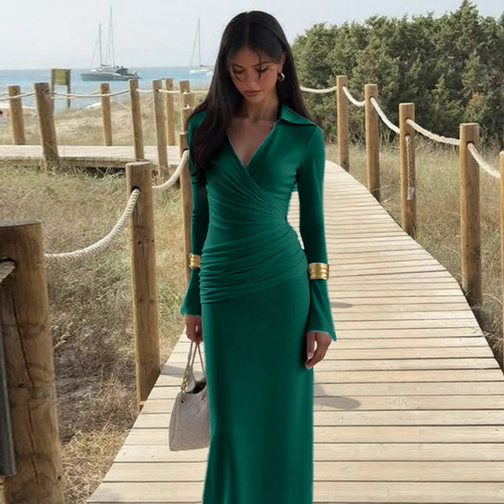 Womens Elegant Waist-cinching V-neck Long-sleeve Dress - Image 3